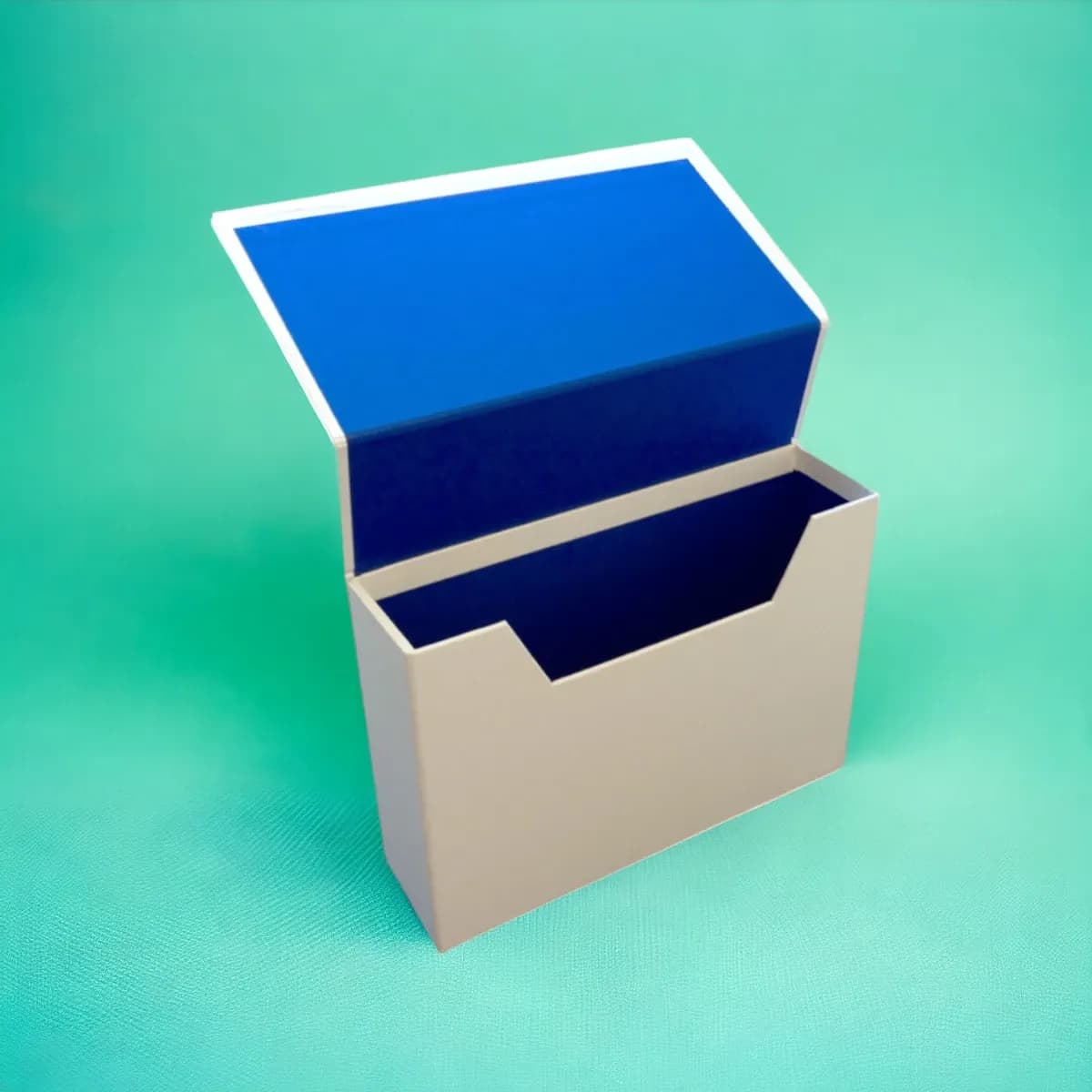 White apparel box with a blue printed interior