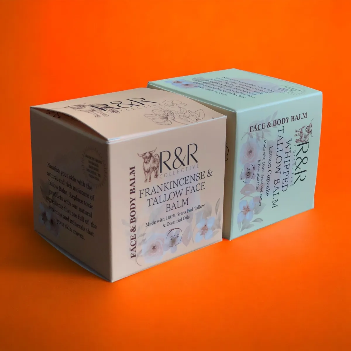 Two auto-lock balm cartons with printed labels