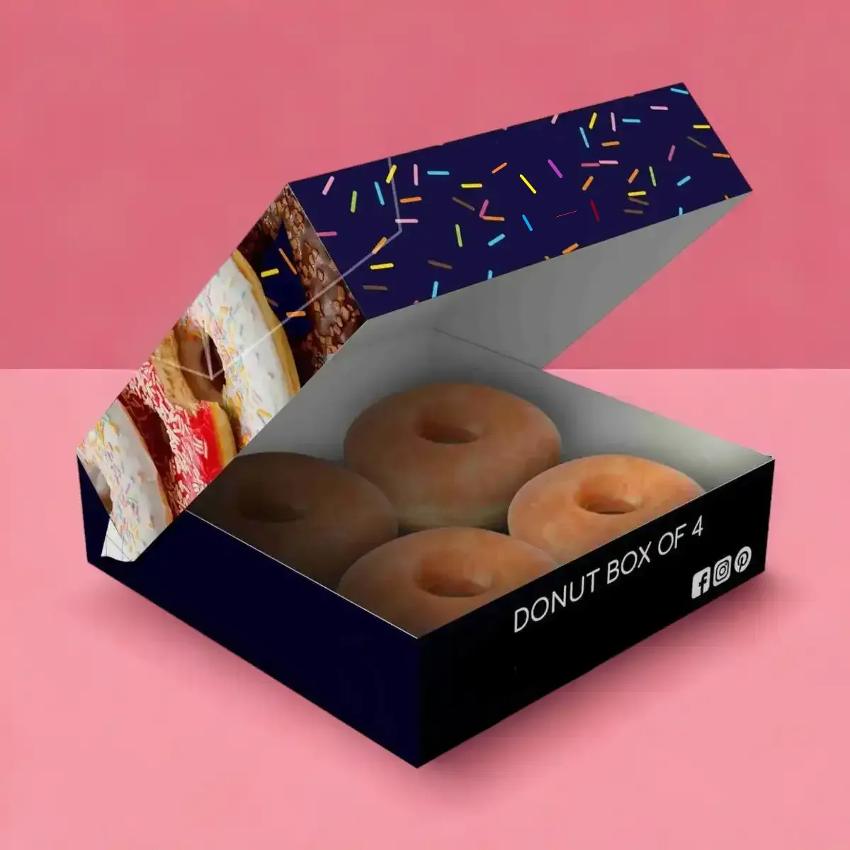 Printed donut box open to show four donuts