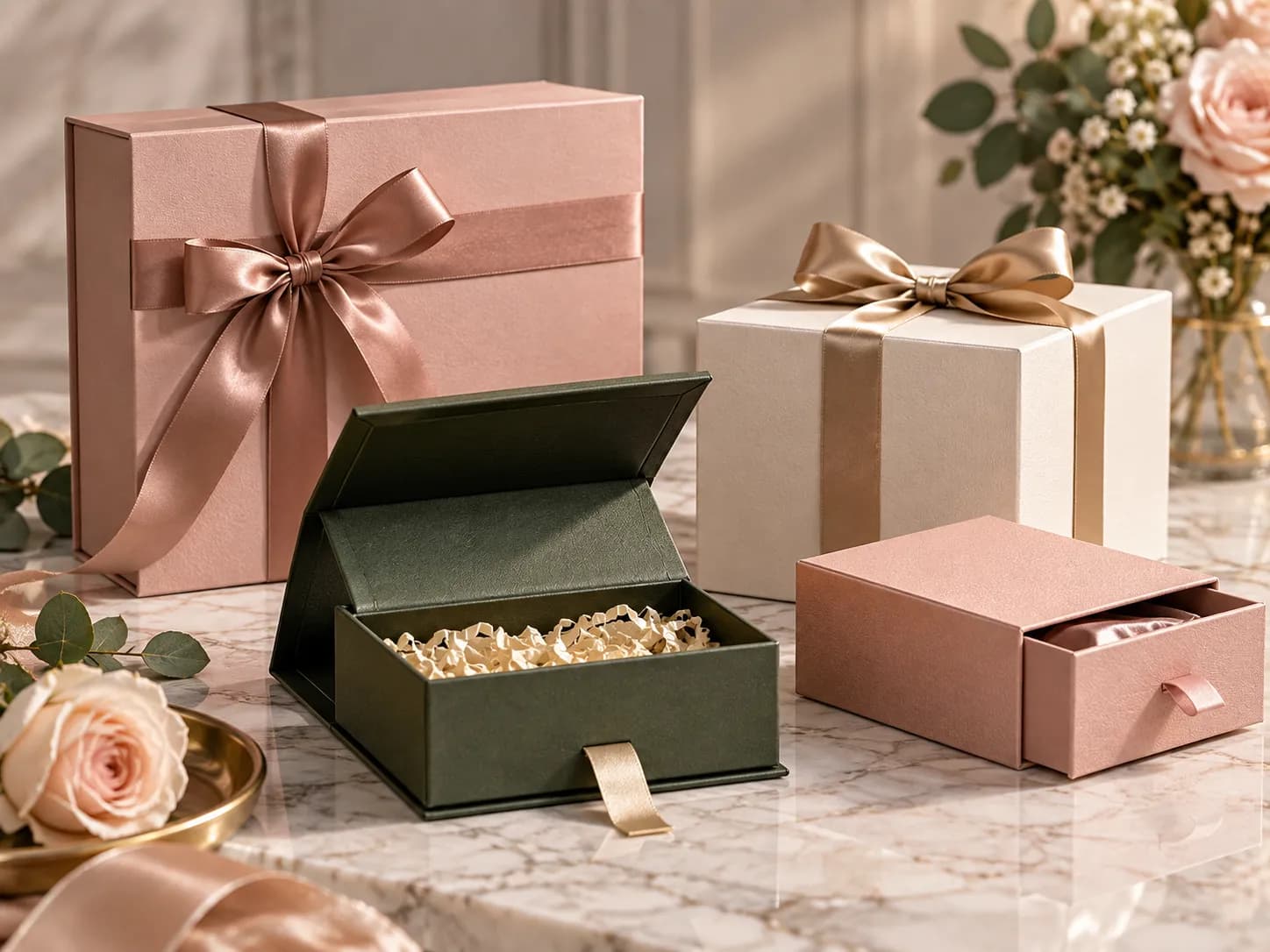 Rigid gift boxes with satin ribbon, a green magnetic box and a pink drawer box