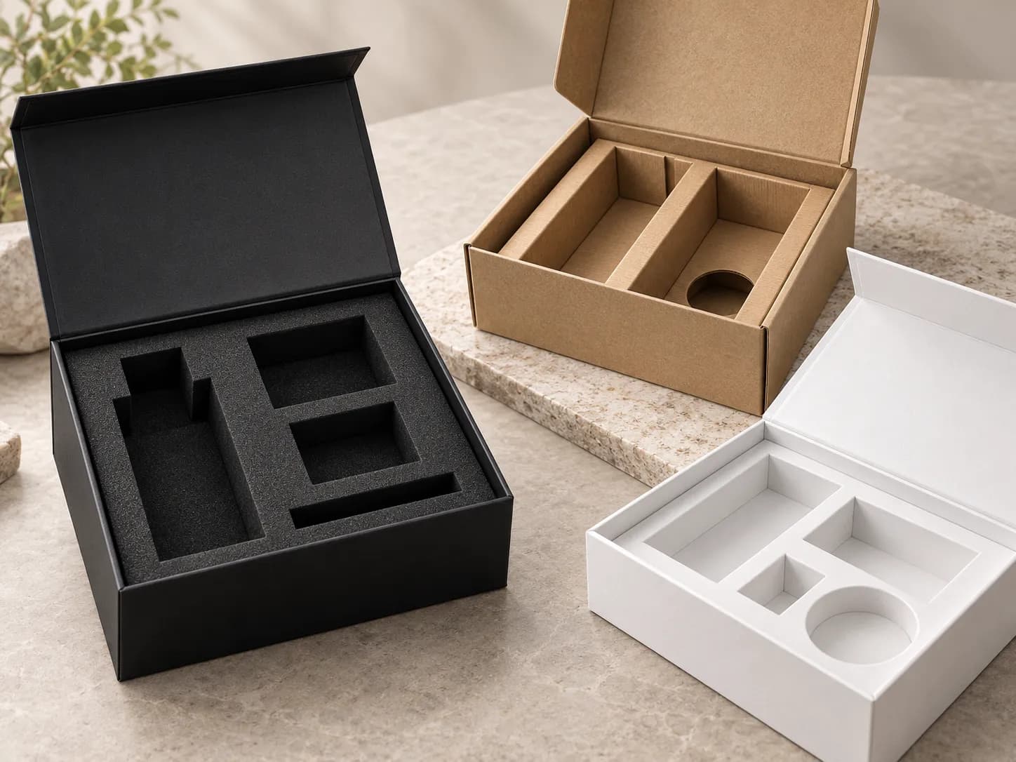 Three inserts: black foam, kraft corrugated dividers and a white board tray