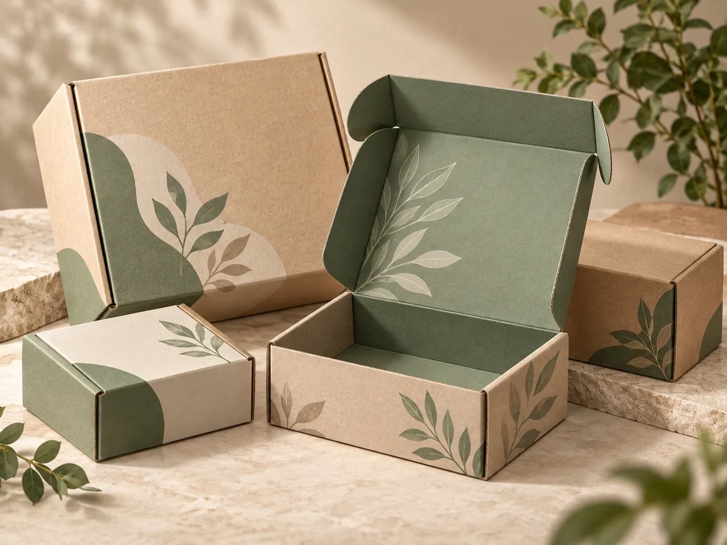 Kraft mailer boxes printed with a leaf pattern, one open to show the printed interior