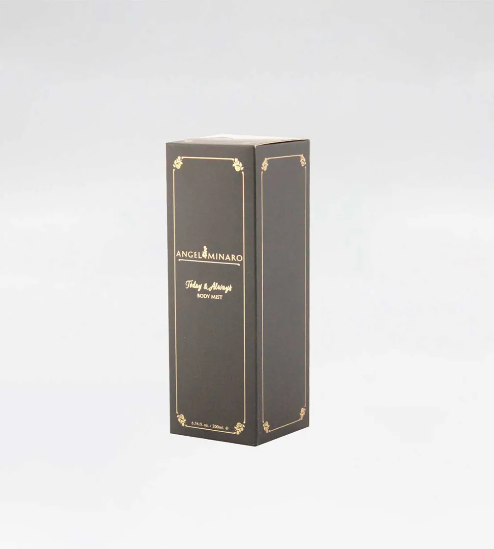 Tall black body-mist carton with a gold foil frame