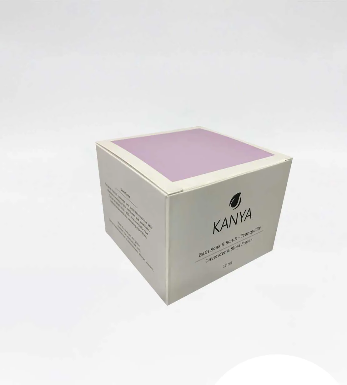 White cube carton with a lavender top panel