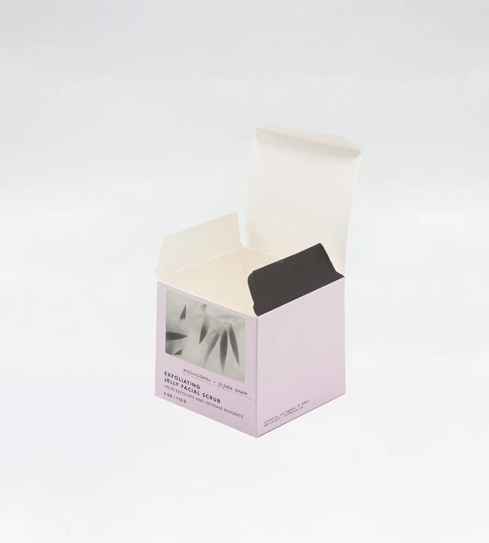 Lavender botanical straight tuck end carton with the tuck open