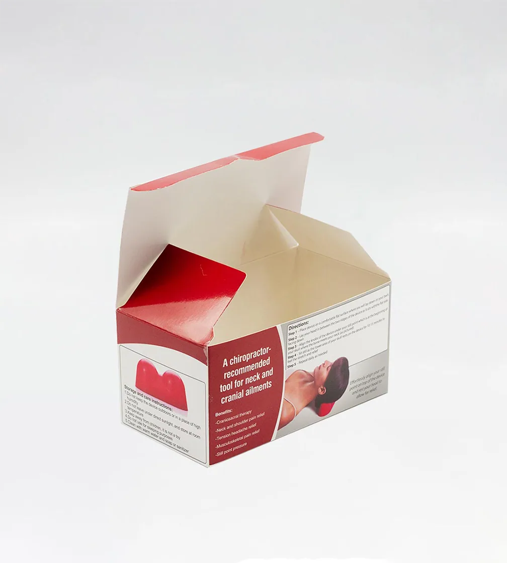 Red and white carton with interior print, open