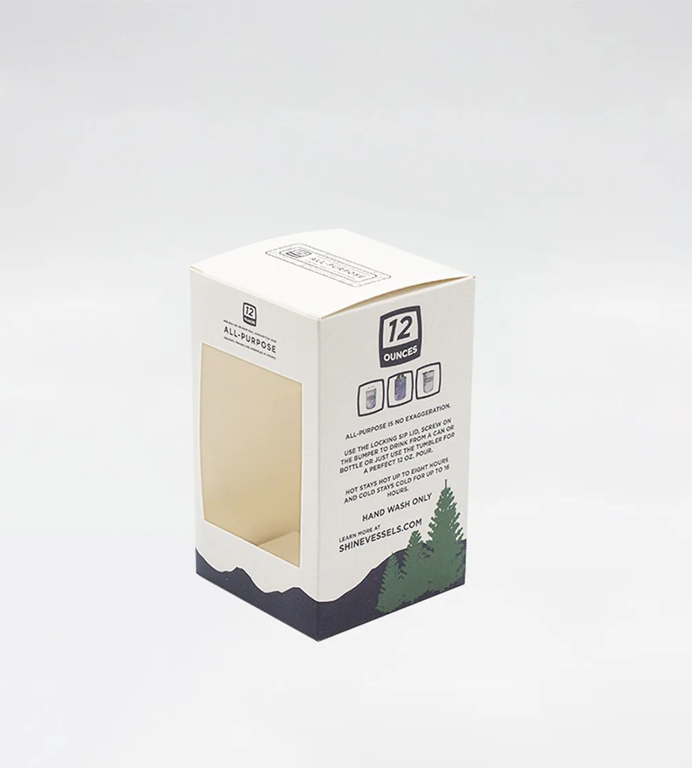 Cream window carton showing a tumbler