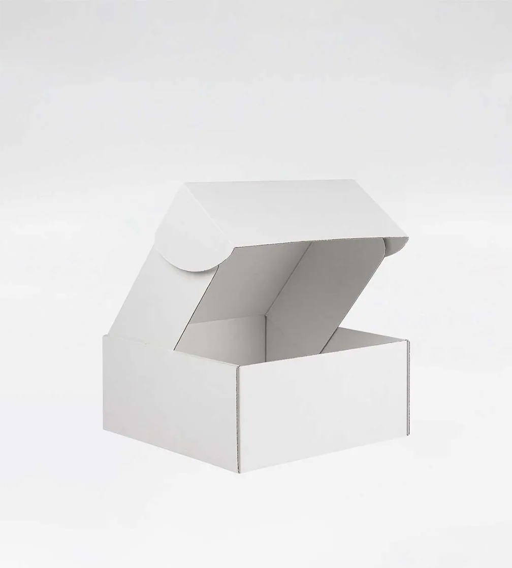 Plain white mailer standing open