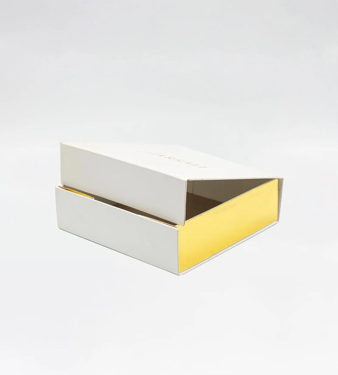 White magnetic rigid box, open, yellow interior