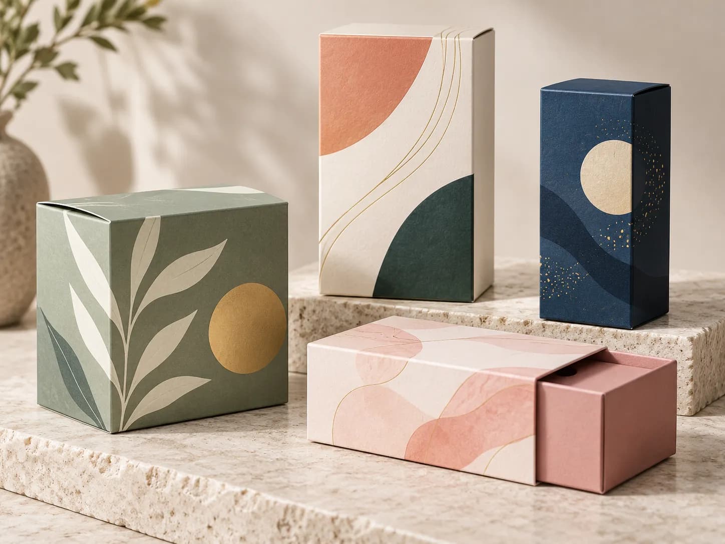 Printed folding cartons in sage, peach, navy and pink