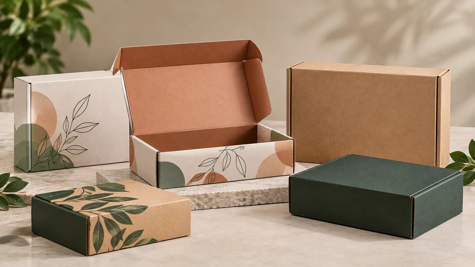 Five printed mailer boxes in white, kraft and green, one open to show the interior print