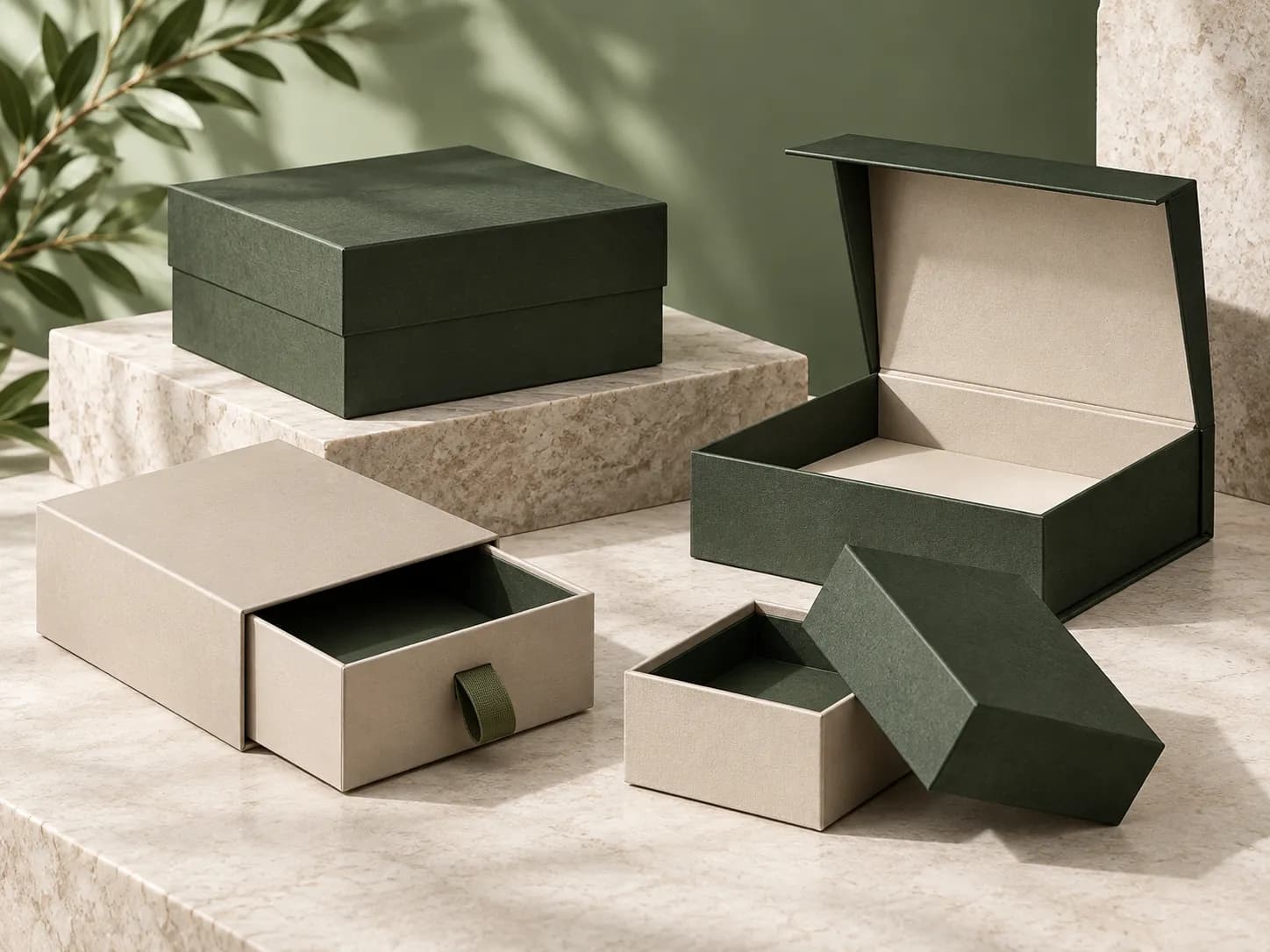 Rigid boxes: a green lid-and-base, an open magnetic box and a cream drawer box