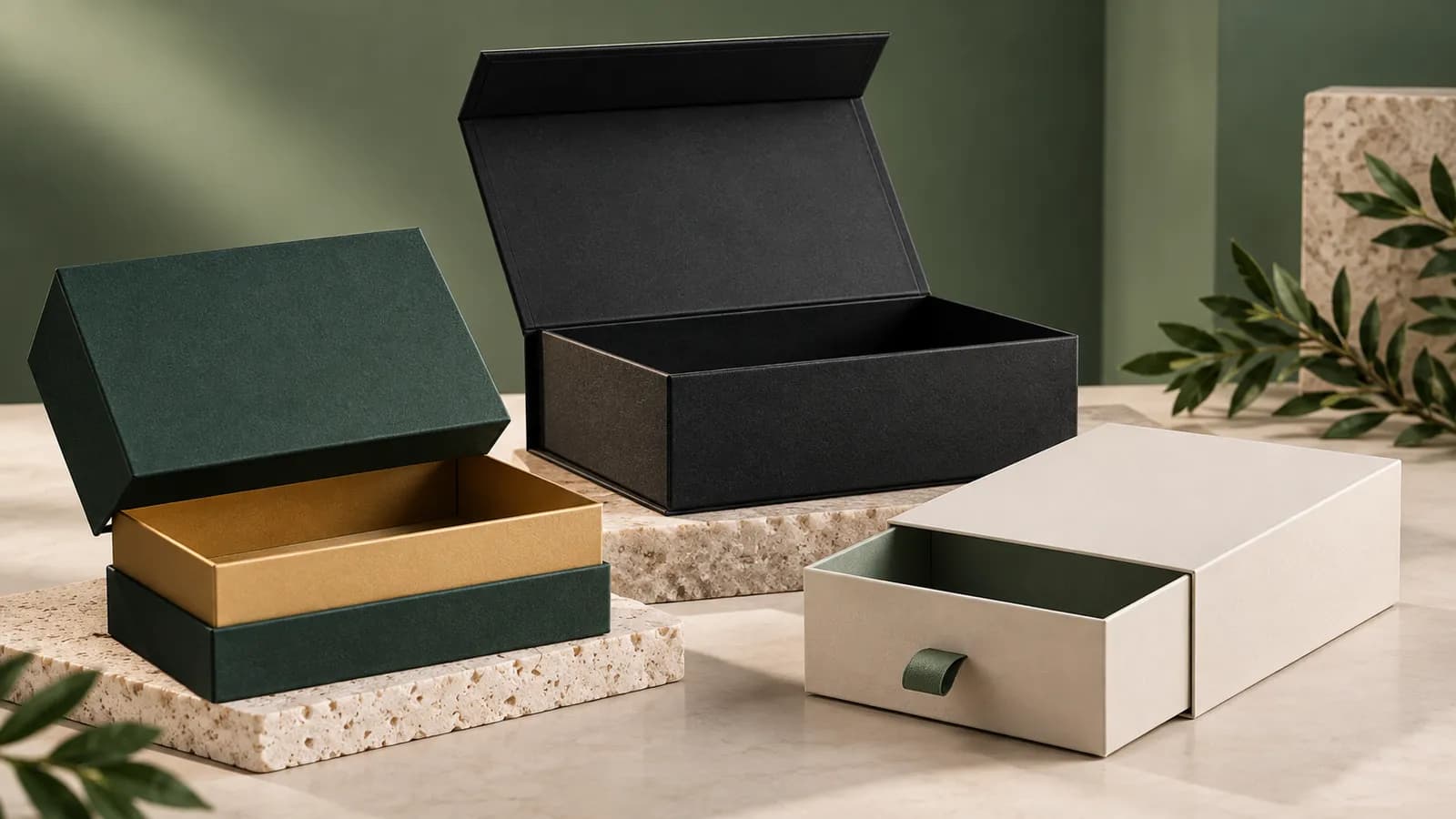 Rigid boxes: a green lid-and-base, a black magnetic box and a cream drawer box