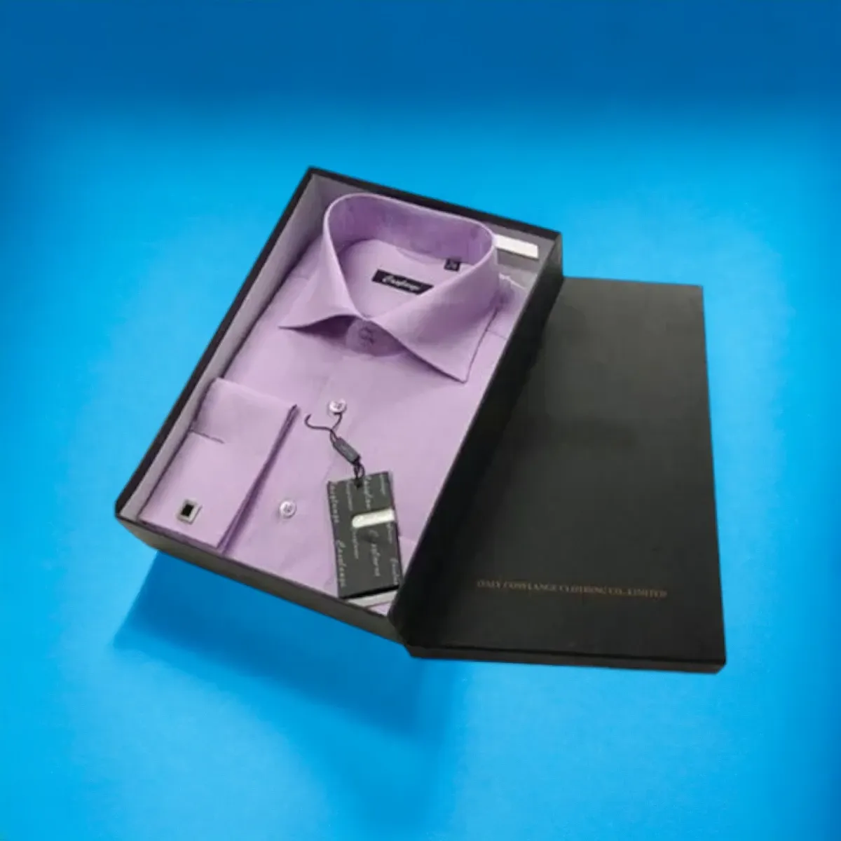 Black two-piece shirt box with a folded shirt inside