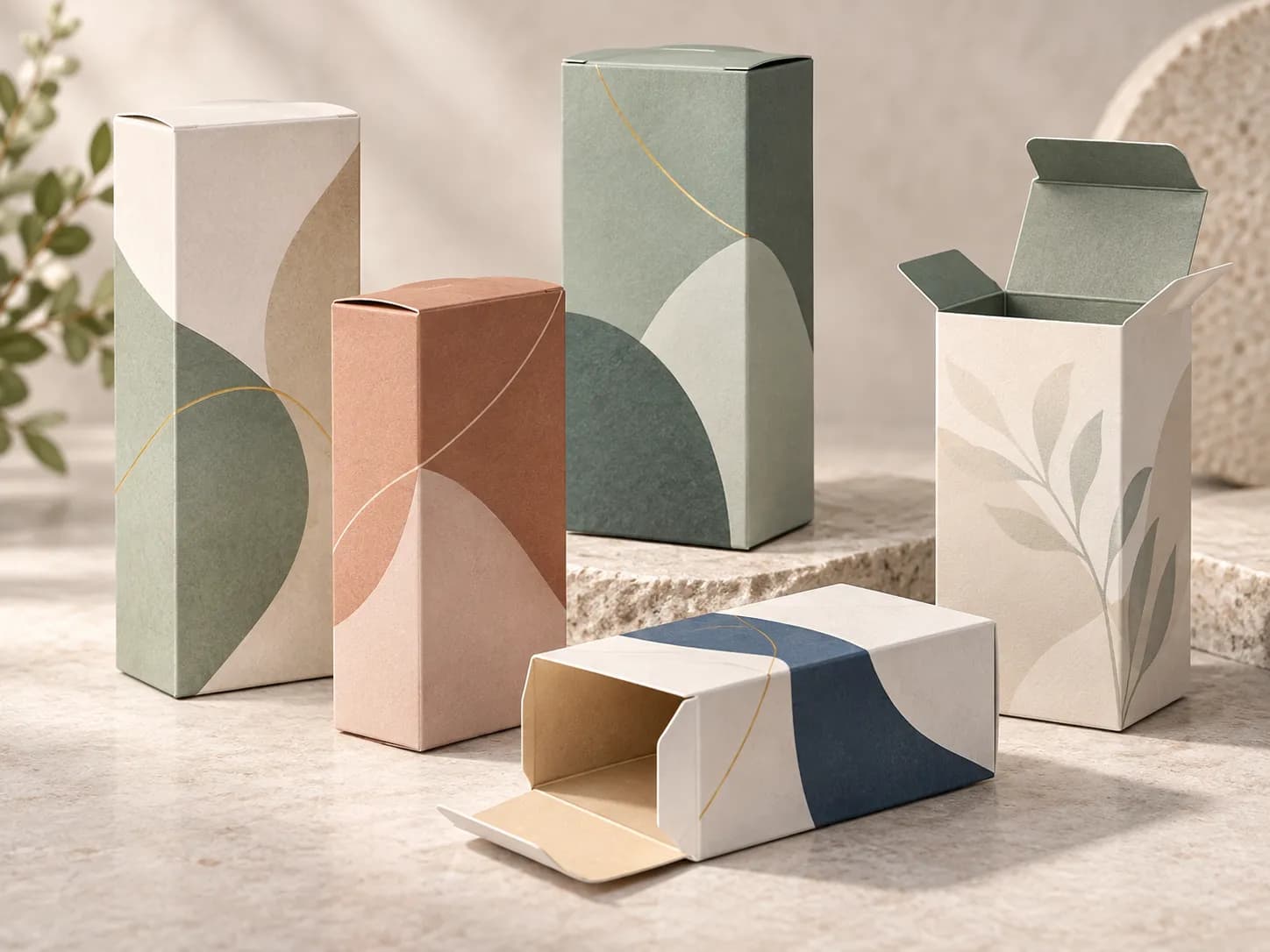 Tall printed folding cartons and a sleeve in muted colors
